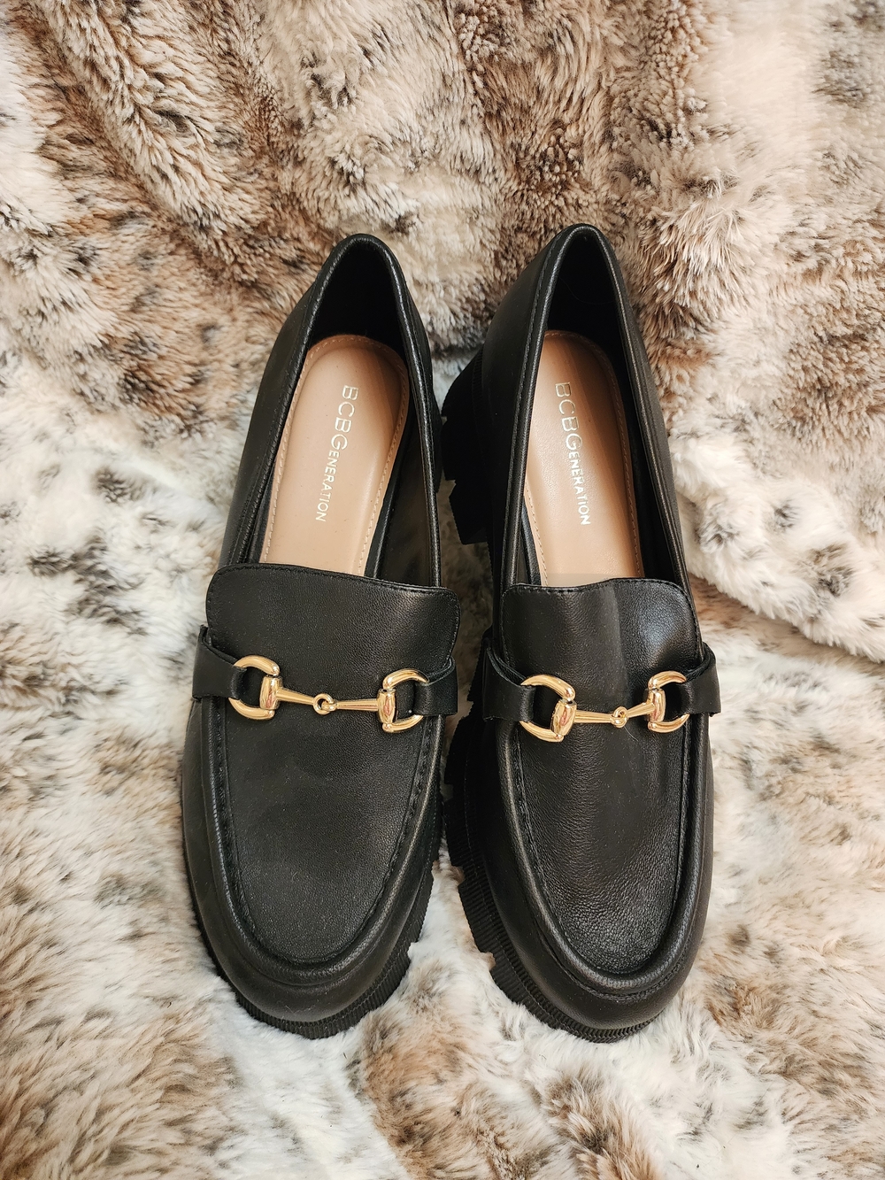 NWOT BCBGeneration Women's Raylin Lug Black Leather Horse Bit Loafers